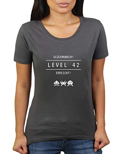 Level 42 erreicht - Herzlichen Glückwunsch Geschenk zum 42 sten Geburtstag - Damen T-Shirt von KaterLikoli, Gr. XL, Anthrazit von Likoli