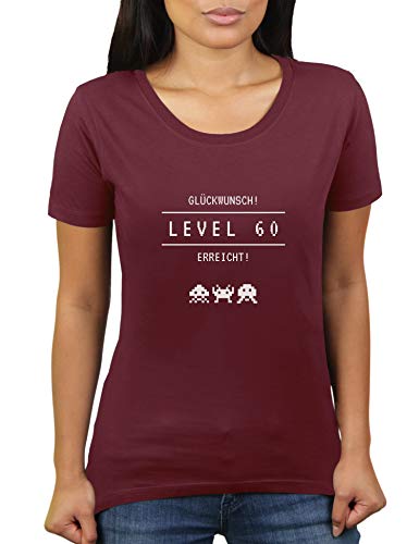 Level 60 erreicht - Herzlichen Glückwunsch Geschenk zum 60 sten Geburtstag - Damen T-Shirt von KaterLikoli, Gr. L, Burgundy von Likoli