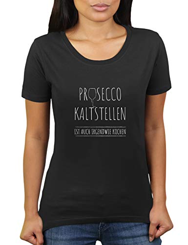 Prosecco kaltstellen ist auch irgendwie Kochen - Damen T-Shirt von KaterLikoli, Gr. 2XL, Deep Black von Likoli