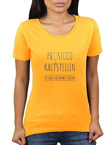 Prosecco kaltstellen ist auch irgendwie Kochen - Damen T-Shirt von KaterLikoli, Gr. L, Gold Yellow von Likoli