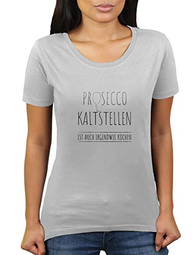 Prosecco kaltstellen ist auch irgendwie Kochen - Damen T-Shirt von KaterLikoli, Gr. L, Light Gray von Likoli