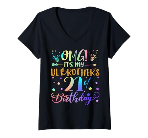 Damen OMG Es ist der 21. Geburtstag meines kleinen Bruders Sweet 21 Jahre alt T-Shirt mit V-Ausschnitt Damen OMG Es ist der 21. Geburtstag meines kleinen Bruders Sweet 21 Jahre alt T-Shirt mit V-Ausschnitt von Lil Brother 21st Bday Tie Dye Brother Sister