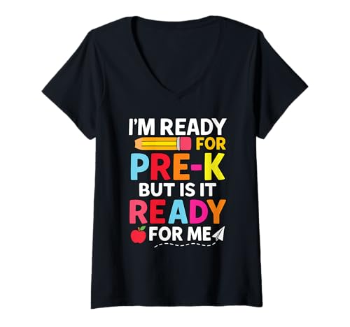 Damen Lustiger Pre-K Zurück zur Schule Ich Bin bereit für den Spaß am ersten Pre K-Tag T-Shirt mit V-Ausschnitt Damen Lustiger Pre-K Zurück zur Schule Ich Bin bereit für den Spaß am ersten Pre K-Tag T-Shirt mit V-Ausschnitt von Lil Learner Vibe Apparel