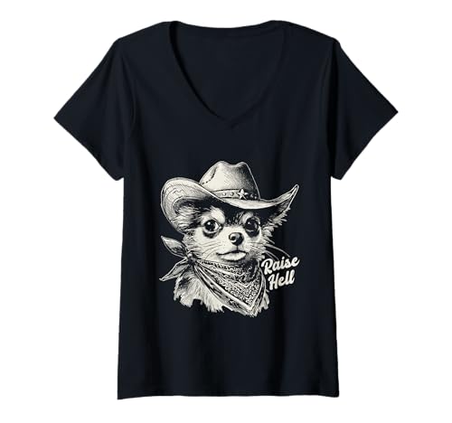 Damen Lustiges Design mit Cowboy-Chihuahua Raise Hell, Wildwest-Hund T-Shirt mit V-Ausschnitt Damen Lustiges Design mit Cowboy-Chihuahua Raise Hell, Wildwest-Hund T-Shirt mit V-Ausschnitt von Lil Wrangler Chaos Co
