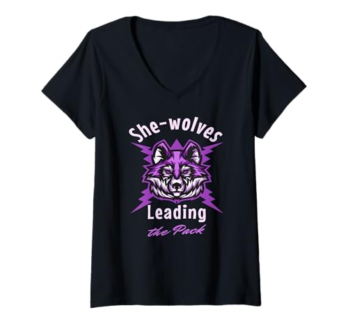 Damen Leitwölfinnen Anführerin Stark Frauen Kraft T-Shirt mit V-Ausschnitt Damen Leitwölfinnen Anführerin Stark Frauen Kraft T-Shirt mit V-Ausschnitt von Lila Wolf Führer Feminismus Stärke Symbol