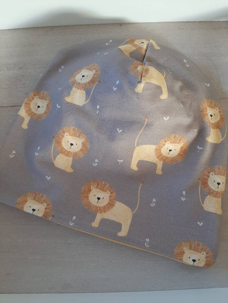 Kindermütze Beanie Löwe Lion Braun Gelb Ku 52-54cm Wendebeanie Kinder Mütze , Kopfbedeckung Accessoires, Herbstmütze von LilaEmmi