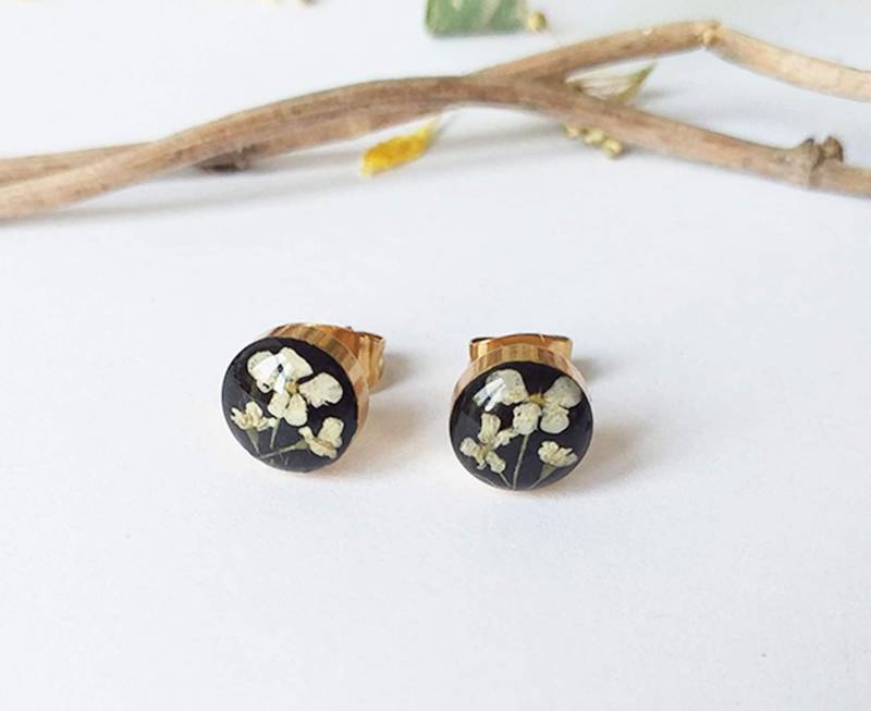 1 Paar Echte Weiße Blüten Ohrstecker Chirurgenstahl Harz Ohrringe Besonderes Schmuckgeschenk Vintage Frau Getrocknete Blumen 8mm Gold Silber von LilaLaVi