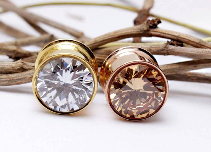 1 Paar Flesh Tunnel Zirkonia Stein Ohr Plug Piercing Double Flared Edelstahl Tube Männer Jewerly Frauen Gold Rosègold 6-16 Mm von LilaLaVi