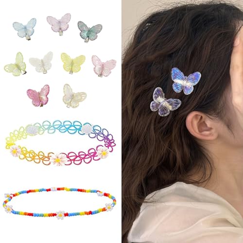 LilaLemon 9 x glitzernde kleine Schmetterlings-Haarklammern mit 2 Halsbändern, 90er-Jahre Mini-Haar-Accessoires, bunte kleine Clips für Mädchen und Frauen von LilaLemon