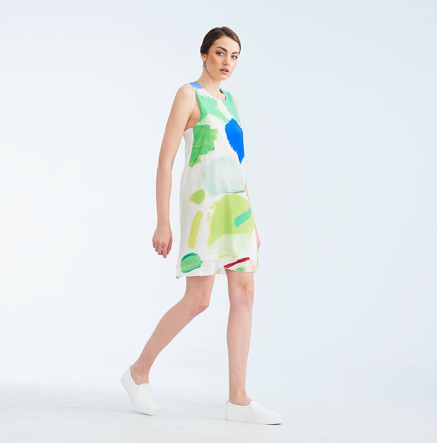 Leichtes Seiden-Sommerkleid Mit Leuchtendem Grünem Muster, Modernes Frauen-Arty-Kleid von LilaStyleHouse