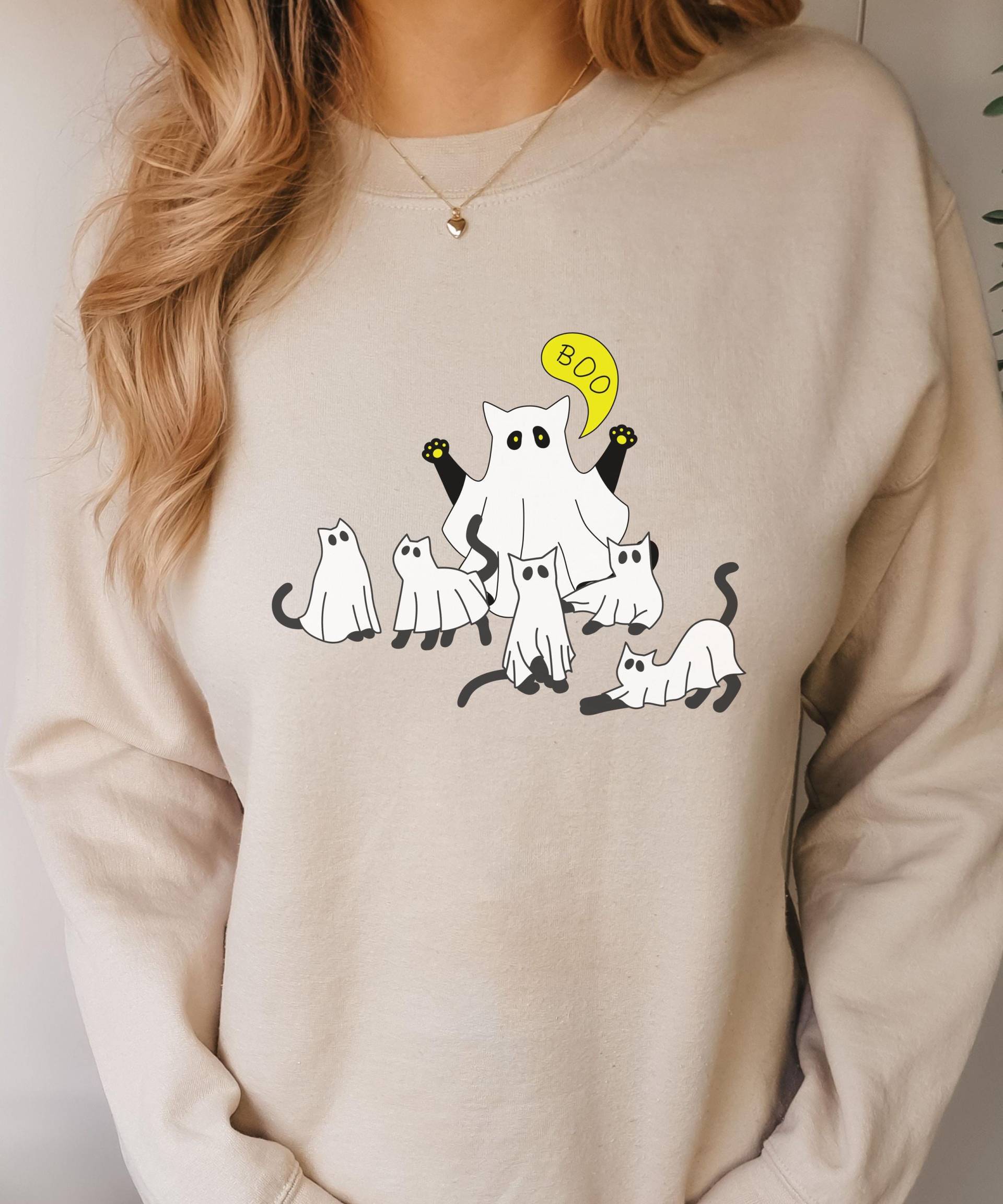 Halloween Damen Katzen Pullover, Geist Sweater Einfaches Halloweenkostüm, Lustiges Kostüm Für Katzenliebhaber, Katzentasse von LilaWolkenDesignDE