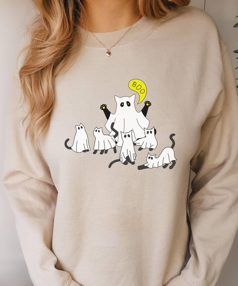 Halloween Damen Katzen Pullover, Geist Sweater Einfaches Halloweenkostüm, Lustiges Kostüm Für Katzenliebhaber, Katzentasse Halloween Damen Katzen Pullover, Geist Sweater Einfaches Halloweenkostüm, Lustiges Kostüm Für Katzenliebhaber, Katzentasse von LilaWolkenDesignDE