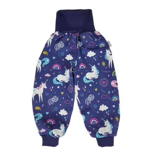 Lilakind“ Baby Kinder Pumphose Einhörner – Blau mit Einhorn-Motiv – Mitwachshose aus Jersey – Handgemacht – Bequeme Spielhose für Mädchen Größe 98/104 von Lilakind