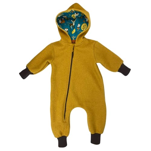 Lilakind“ Baby Kinder Wollwalk Overall mit Kapuze Gefüttert Senfgelb Ocker Waldtiere Petrol Gr. 110/116 - Made in Germany von Lilakind