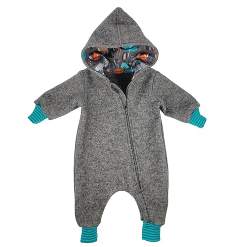 Lilakind“ Baby Kinder Wollwalk Overall mit Kapuze Grau Meliert Waldtiere Gr. 80/86 - Made in Germany von Lilakind