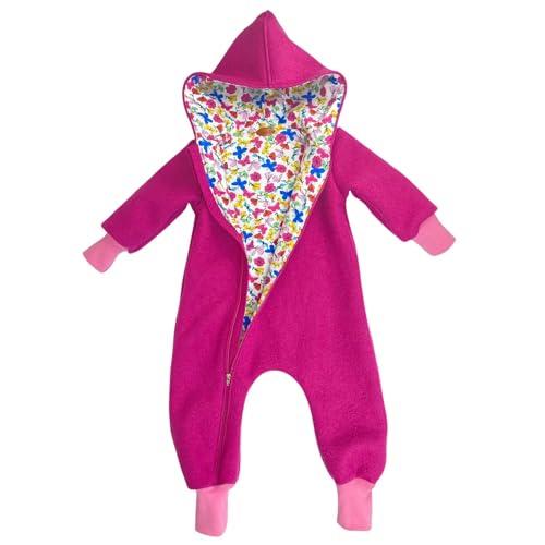 Lilakind Baby Kinder Wollwalk Overall mit Kapuze und Reißverschluss Fuchsia Pink mit Blumen und Schmetterlingen Gefüttert Gr. 86/92 von Lilakind