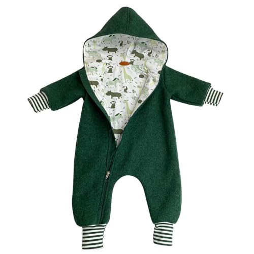 Lilakind Baby Wollwalk Overall mit Kapuze – Gefüttert mit Jersey Dschungelmotiv – schräger Reißverschluss – Handmade in Germany Größe 74-80 von Lilakind