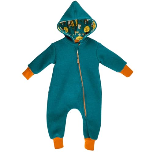 Lilakind Baby Wollwalk Overall mit Kapuze und Reißverschluss |Kleinkind Walkoverall |Made in Germany Petrol Waldtiere Gefüttert Gr. 74/80 von Lilakind