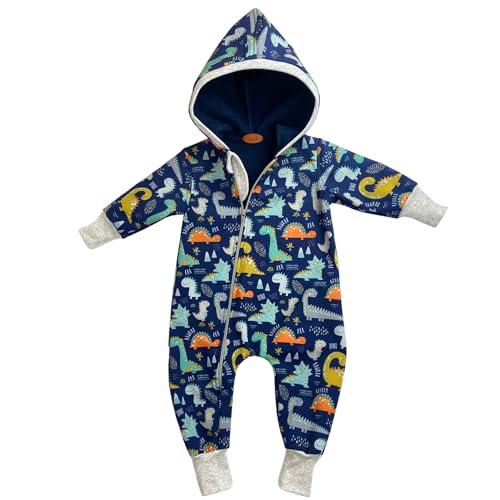 Lilakind Softshell Overall Baby Kinder Handmade – Dino Design – Wasserdicht & Warm – mit Fleece gefüttert – Übergangsanzug mit Reißverschluss & Kapuze Gr. 80–86 von Lilakind