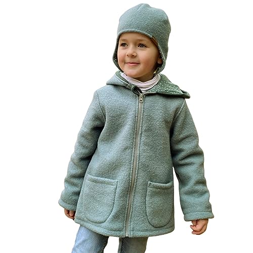 Lilakind“ Wollwalk Kinder-Mantel mit Taschen Walk Kapuzen Jacke Altgrün Gr. 104/110 - Made in Germany von Lilakind