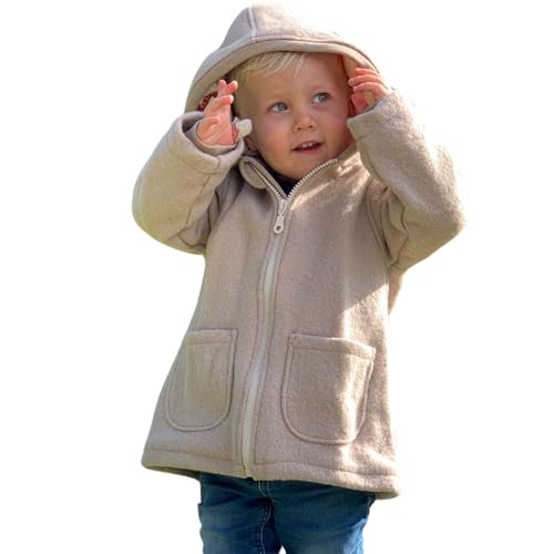 Lilakind“ Wollwalk Kinder-Mantel mit Taschen Walk Kapuzen Jacke Sand Gr. 104/110 - Made in Germany von Lilakind