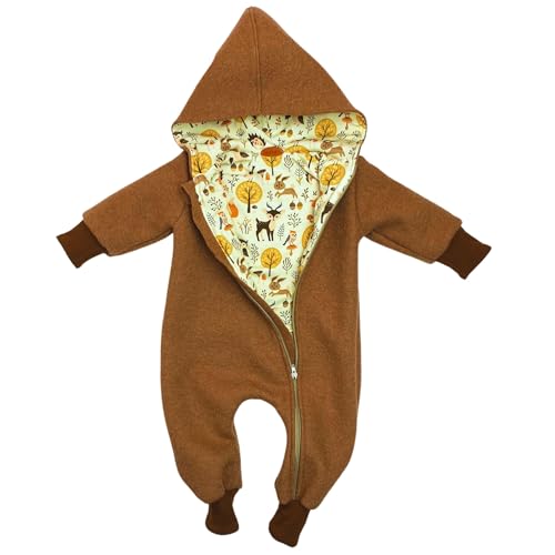 Lilakind Wollwalk Overall Baby & Kleinkind– Handmade in Berlin Herbst/Winteranzug mit Kapuze & Waldtier-Innenfutter – Größe 74-80 von Lilakind