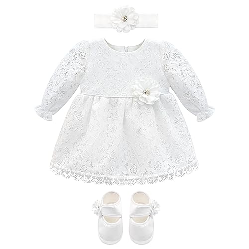 Lilax Baby Mädchen Spitze Blumen Bestickt Kleid mit passenden Schuhen Taufkleid Taufkleid, weiß, 0-3 Months von Lilax