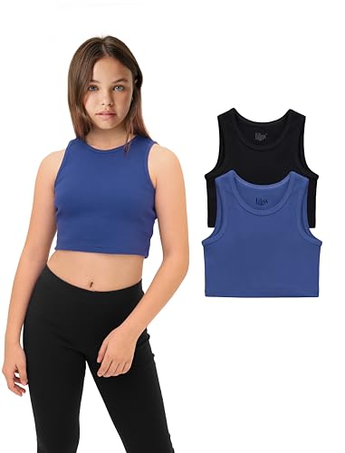 Lilax Crop-Top für Mädchen, gerippt, ärmellos, 2er-Pack, bauchfreies Tanktop, Blue-black, 116 von Lilax