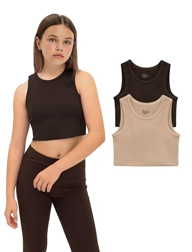 Lilax Crop-Top für Mädchen, gerippt, ärmellos, 2er-Pack, bauchfreies Tanktop, Braun/Beige, 116 von Lilax