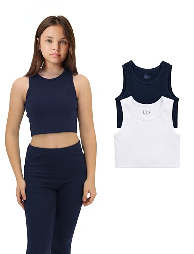 Lilax Crop-Top für Mädchen, gerippt, ärmellos, 2er-Pack, bauchfreies Tanktop, Navy-Weiß, 122 von Lilax