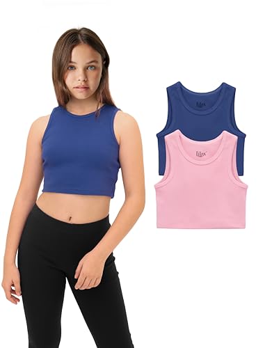Lilax Crop-Top für Mädchen, gerippt, ärmellos, 2er-Pack, bauchfreies Tanktop, Pink-Blau, 128 von Lilax