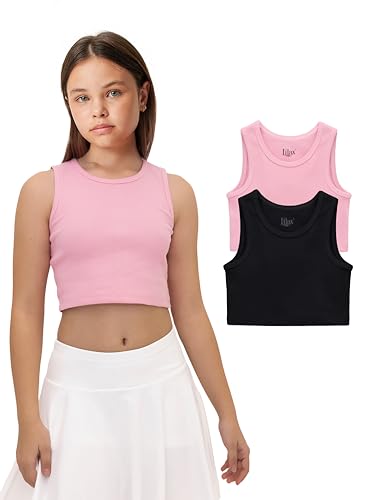 Lilax Crop-Top für Mädchen, gerippt, ärmellos, 2er-Pack, bauchfreies Tanktop, Pink-Schwarz, 164 von Lilax