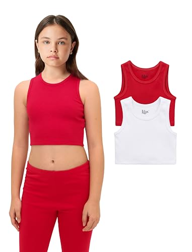Lilax Crop-Top für Mädchen, gerippt, ärmellos, 2er-Pack, bauchfreies Tanktop, Rot-Weiß, 116 von Lilax
