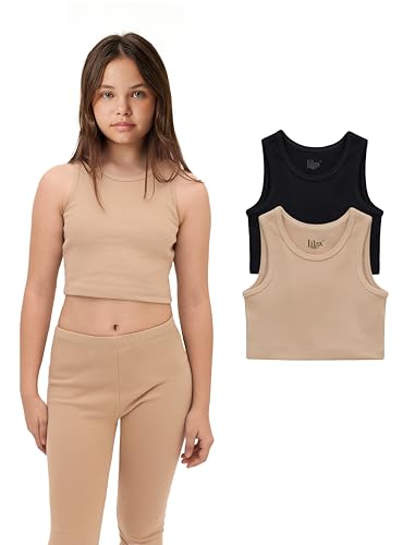 Lilax Crop-Top für Mädchen, gerippt, ärmellos, 2er-Pack, bauchfreies Tanktop, Schwarz / Beige, 128 von Lilax