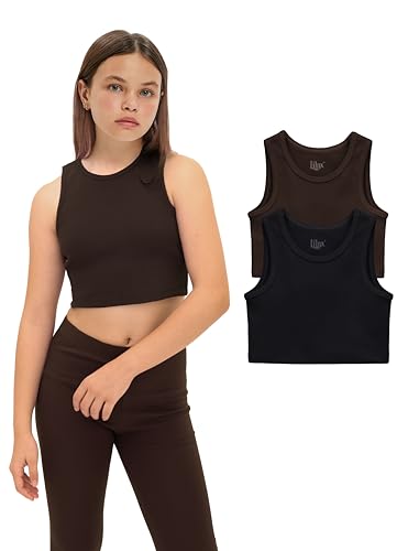 Lilax Crop-Top für Mädchen, gerippt, ärmellos, 2er-Pack, bauchfreies Tanktop, Schwarzbraun, 164 von Lilax