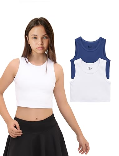 Lilax Crop-Top für Mädchen, gerippt, ärmellos, 2er-Pack, bauchfreies Tanktop, Weiß/Blau, 152 von Lilax