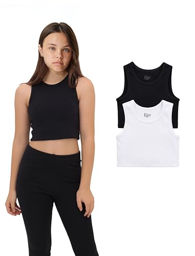 Lilax Crop-Top für Mädchen, gerippt, ärmellos, 2er-Pack, bauchfreies Tanktop, Weiß-Schwarz, 140 Lilax Crop-Top für Mädchen, gerippt, ärmellos, 2er-Pack, bauchfreies Tanktop, Weiß-Schwarz, 140 von Lilax