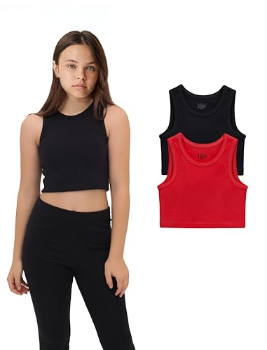 Lilax Crop-Top für Mädchen, gerippt, ärmellos, 2er-Pack, bauchfreies Tanktop, rot/black, 122 Lilax Crop-Top für Mädchen, gerippt, ärmellos, 2er-Pack, bauchfreies Tanktop, rot/black, 122 von Lilax