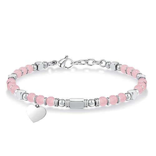 Lilbitty 1 Stück Mädchen Armband mit Rosa Quarz und Edelstahlperlen, Trendiges Chakra Armband für Mädchen, Edelstein Armband mit Edelstahlperlen, Geschenke für Tochter, Enkelin, Freundin von Lilbitty