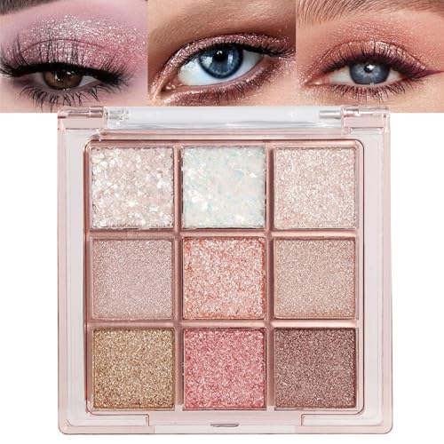 Lilbitty 1er Set 9 Farben Glitzer Lidschatten Palette, Langanhaltende Pigmentierte Augen Make-up Palette in Pink Weiß Gold Schimmer, Wasserfester Lidschatten für Frauen und Mädchen von Lilbitty