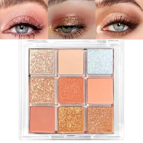 Lilbitty 1er Set 9 Farben Glitzer Lidschatten Palette, Langanhaltende Pigmentierte Augen Make-up Palette in orange rosa weiß Gold Schimmer, Wasserfester Lidschatten für Frauen und Mädchen von Lilbitty