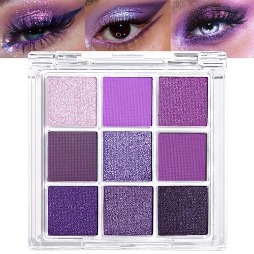 Lilbitty 1er Set 9 Farben Glitzer Lidschatten Palette, Wasserfest Pigmentierte Augen Make-up Palette in Violett Lila Silber Schimmer, Langanhaltender Lidschatten für Frauen und Mädchen von Lilbitty