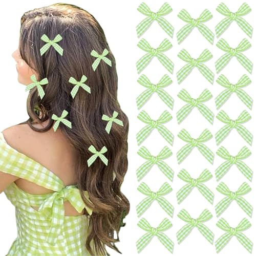 Lilbitty 20 Stück Grüne Haarschleifen Haarspangen Klein, Haarschleifen Damen, Mini Schleifen Haarspangen, Ribbon Schleife Haarklammer für Mädchen und Frauen von Lilbitty