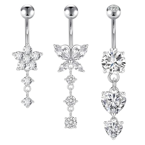Lilbitty 3 Stück Bauchnabelpiercing 10mm Silber Bauchpiercing Chirurgenstahl Herz Schmetterling Blume Anhänger Piercing Bauchnabel Schmuck Damen von Lilbitty