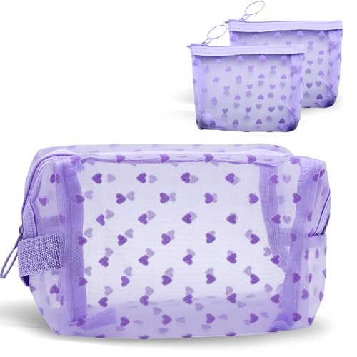 Lilbitty 3 Stück Netz-Make-up-Taschen mit Herz-Aufdruck, Netz-Make-up-Taschen für Frauen, Netztaschen mit Reißverschluss, tragbare Reise-Organizer-Geldbörse (Lila) von Lilbitty