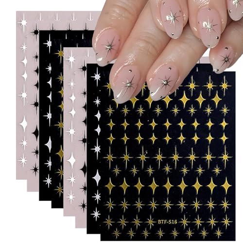 Lilbitty 8 Blatt Stern-Nagelkunst-Aufkleber, 3D, selbstklebend, silber goldene Stern Nagelaufkleber für Nagelkunst, schwarz-weiße Stern Nagel Abziehbilder, Stern Nageldesign für Acrylnägel von Lilbitty