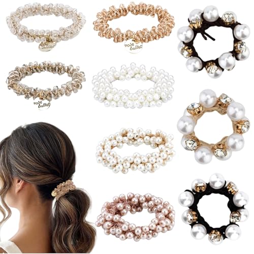 Lilbitty 9 Stück Perlen Haargummi Damen, Elastische Haargummis mit Kristallperlen, Boho Hair Ties, Scrunchie Set für Hochsteckfrisuren, Zopfgummis Damen von Lilbitty