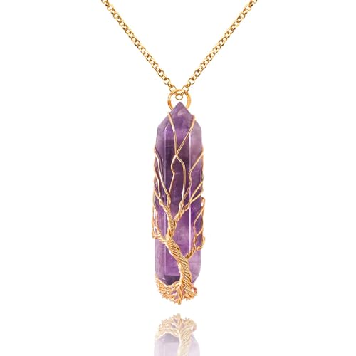 Lilbitty Amethyst Kettenanhänger Mit Lebensbaum, Kristall Edelstein Kette, Heilender Schmuck Für Damen Und Herren, Geschenkidee Mit Geschenkbox Und Samtbeutel von Lilbitty