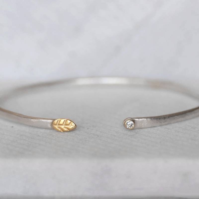 Diamantblatt-Armspange, Massives 18K Gold Und Sterlingsilber, Stapelarmband, Dünnes, Offenes, Stapelbares Manschettenarmband Diamantblatt-Armspange, Massives 18K Gold Und Sterlingsilber, Stapelarmband, Dünnes, Offenes, Stapelbares Manschettenarmband von LilianGinebra