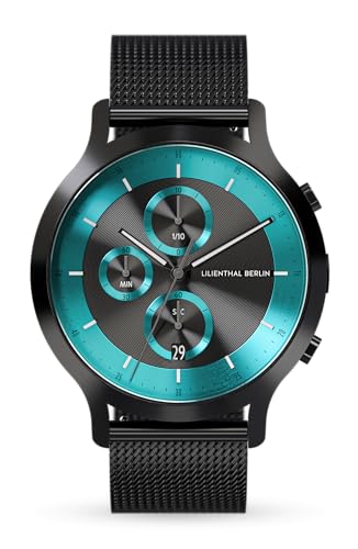 Lilienthal Berlin Chronograph LP Black Cyan in schwarz – Herrenuhr am schwarzen Mesh-Armband aus 316L Chirurgenstahl mit einem Quarzuhrwerk & saphirgehärtetem Mineralglas – 42,5 mm von Lilienthal